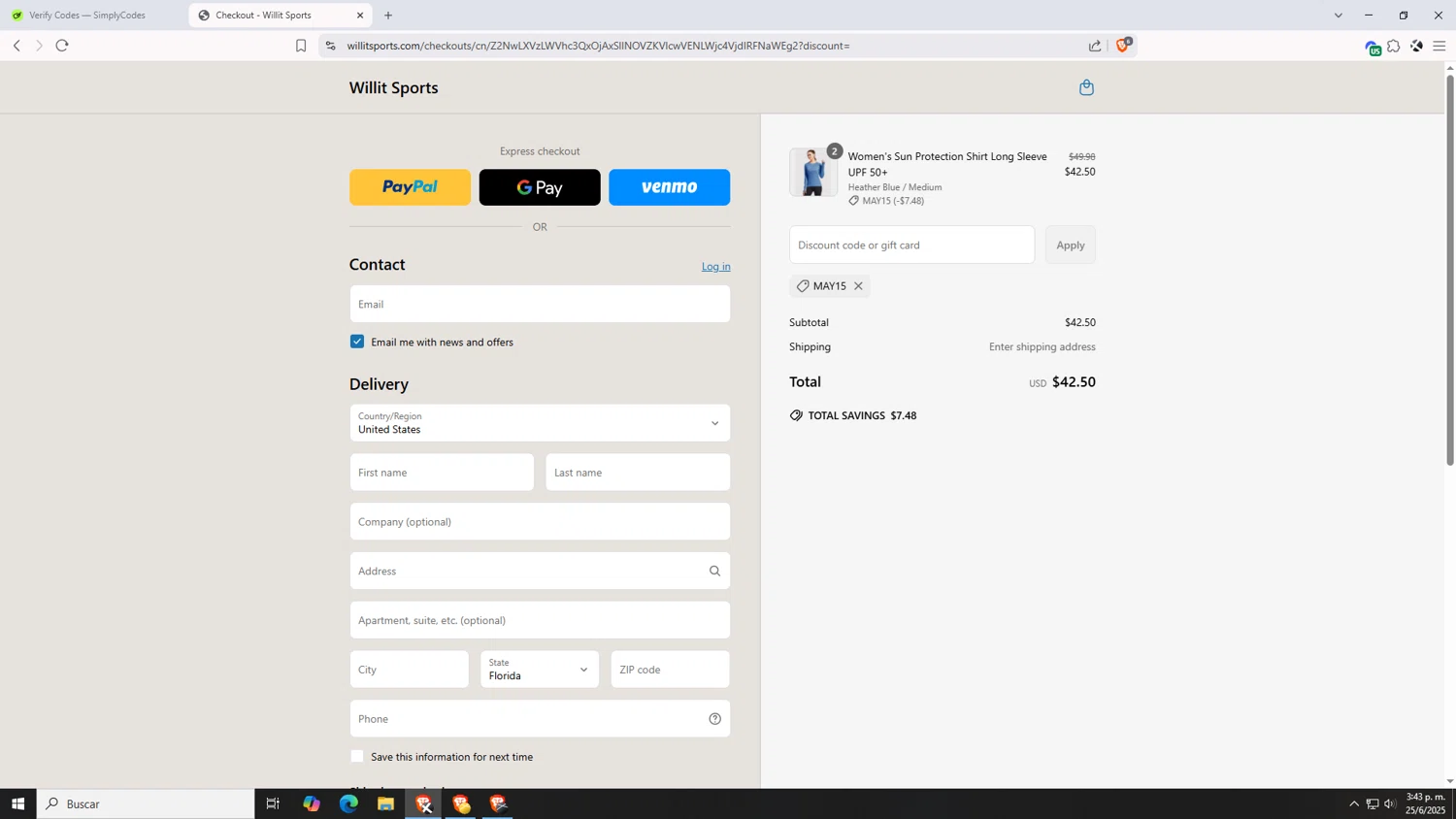 Willit Sports promo code screenshot showing code MAY15 applied at Willit Sports checkout page. Uploaded by SimplyCodes community member VictoriousDefender7352 on Jun 25, 2025