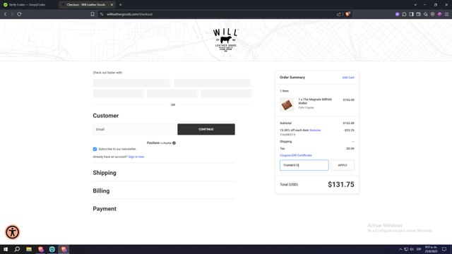 WILL Leather Goods checkout page showing WILL Leather Goods promo code box | Screenshot taken by SimplyCodes community member on Jun 25, 2025