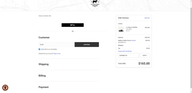 WILL Leather Goods checkout page showing WILL Leather Goods promo code box | Screenshot taken by SimplyCodes community member on Jun 7, 2025
