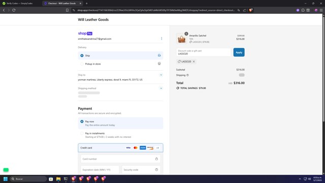 WILL Leather Goods checkout page showing WILL Leather Goods promo code box | Screenshot taken by SimplyCodes community member on Jul 5, 2025