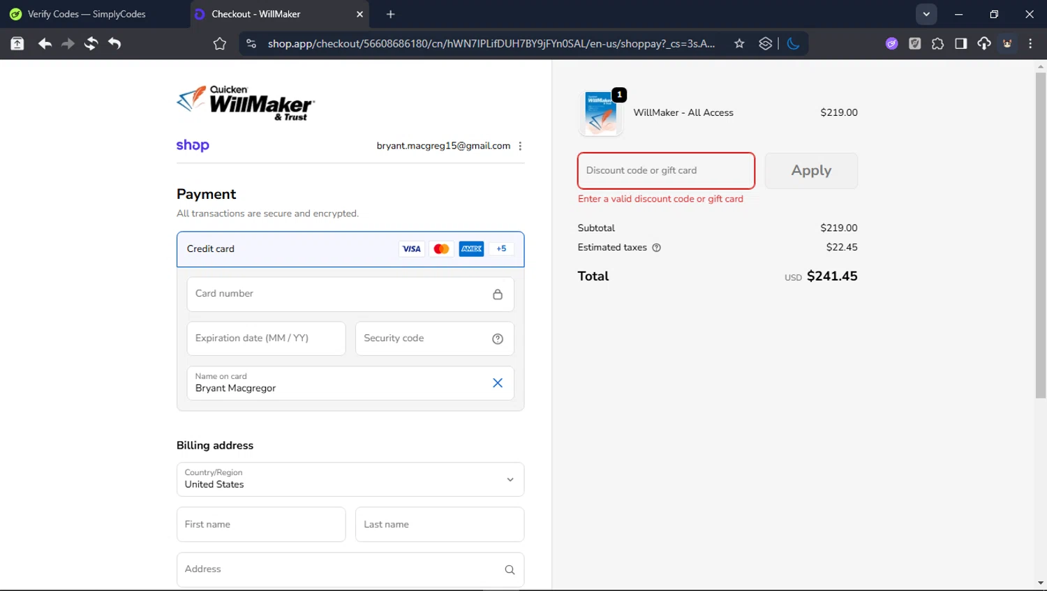 WillMaker promo code screenshot showing code eoy25 applied at WillMaker checkout page. Uploaded by SimplyCodes community member LegendaryCollector6259 on Jan 6, 2026