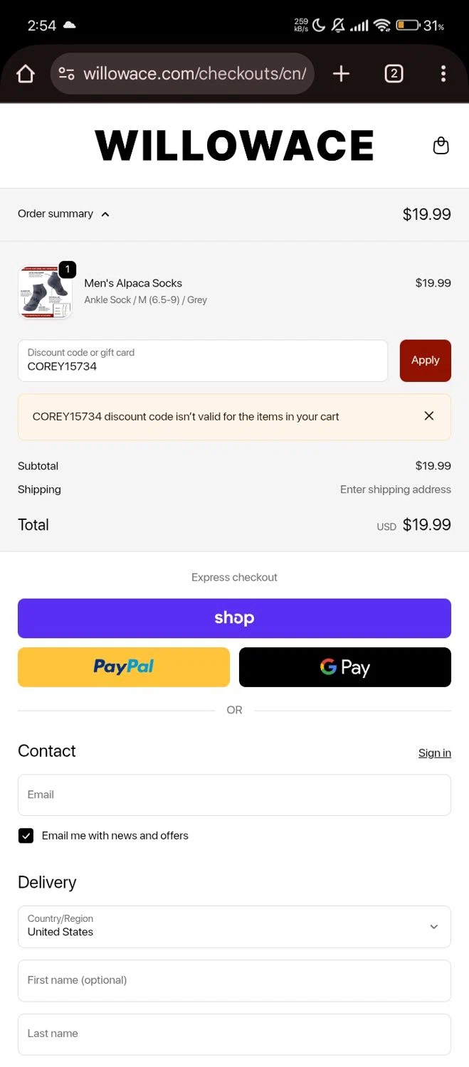 WillowAce promo code screenshot showing code COREY15734 applied at WillowAce checkout page. Uploaded by SimplyCodes community member RebateShopper5497 on Oct 22, 2025