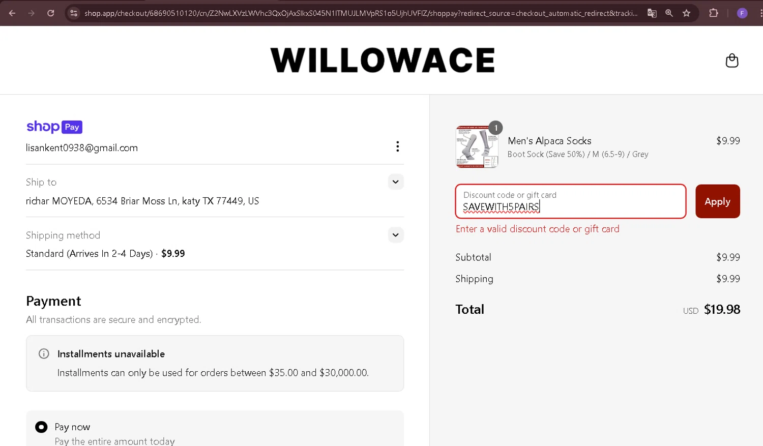 WillowAce promo code screenshot showing code SAVEWITH5PAIRS applied at WillowAce checkout page. Uploaded by SimplyCodes community member Richard2 on Jun 18, 2025