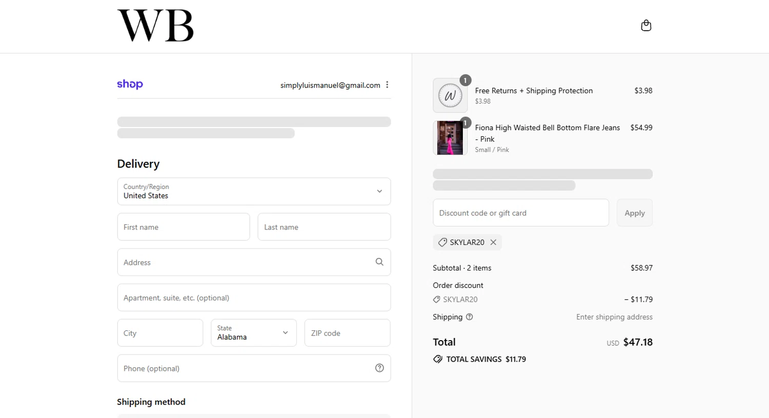 Willow Boutique coupon code screenshot showing code SKYLAR20 applied at Willow Boutique checkout page. Uploaded by SimplyCodes community member WoskalJR on Sep 2, 2025