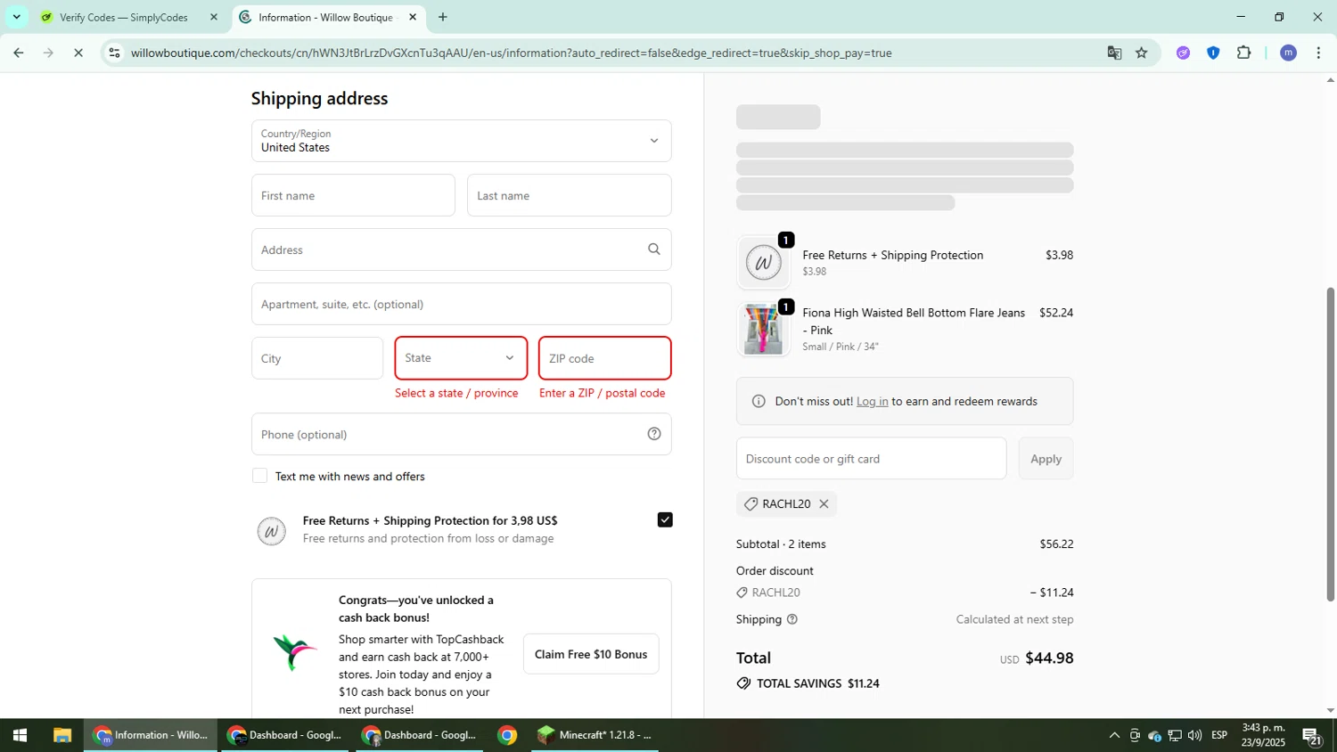 Willow Boutique coupon code screenshot showing code RACHL20 applied at Willow Boutique checkout page. Uploaded by SimplyCodes community member QuestDefender2661 on Sep 23, 2025