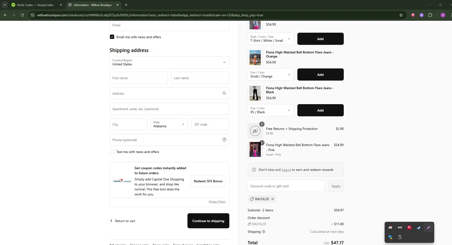 Willow Boutique coupon code screenshot showing code RACHL20 applied at Willow Boutique checkout page. Uploaded by SimplyCodes community member RoyalSentinel4577 on Jul 22, 2025