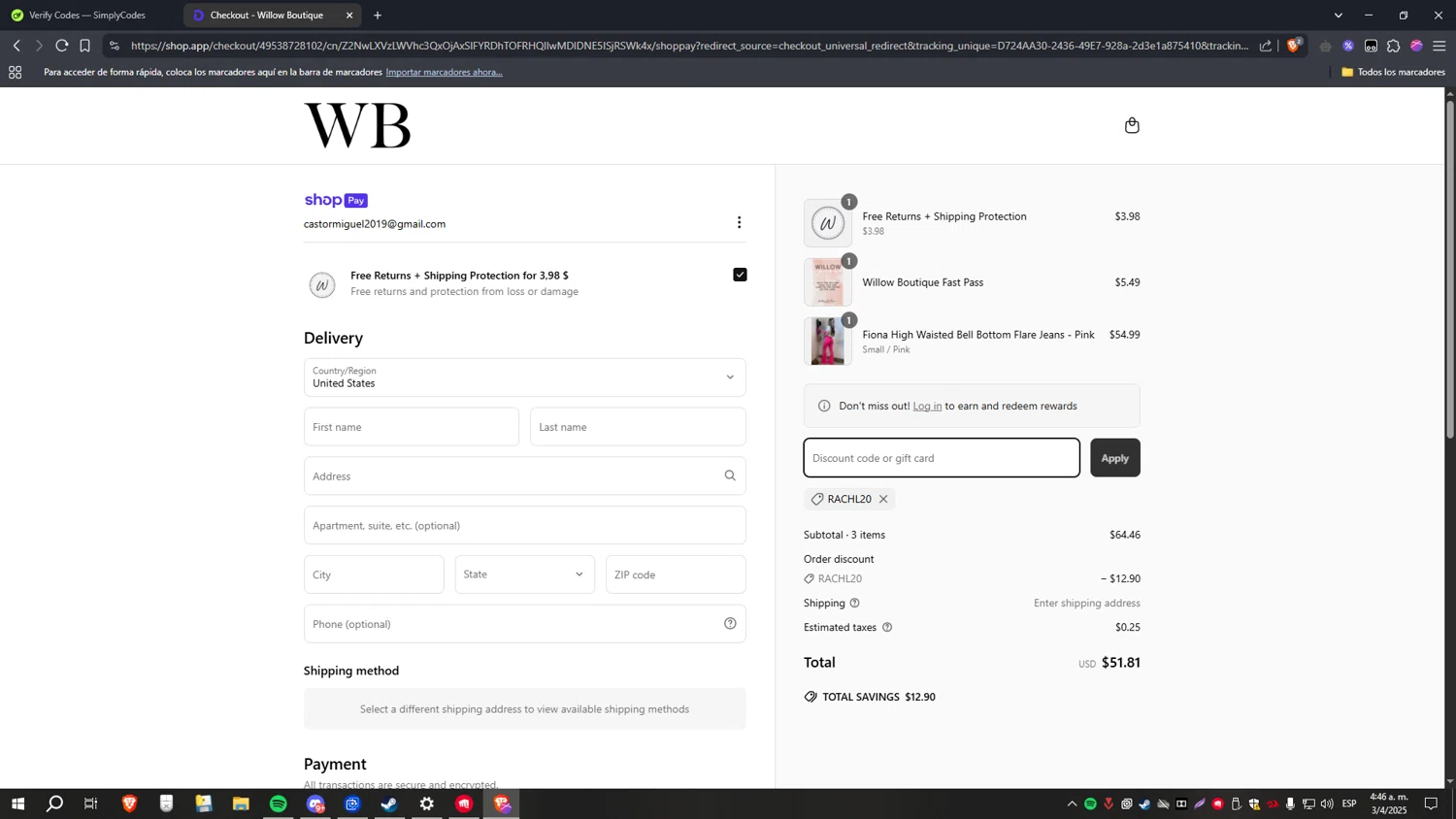 Willow Boutique coupon code screenshot showing code RACHL20 applied at Willow Boutique checkout page. Uploaded by SimplyCodes community member CoinHawk6938 on Apr 3, 2025