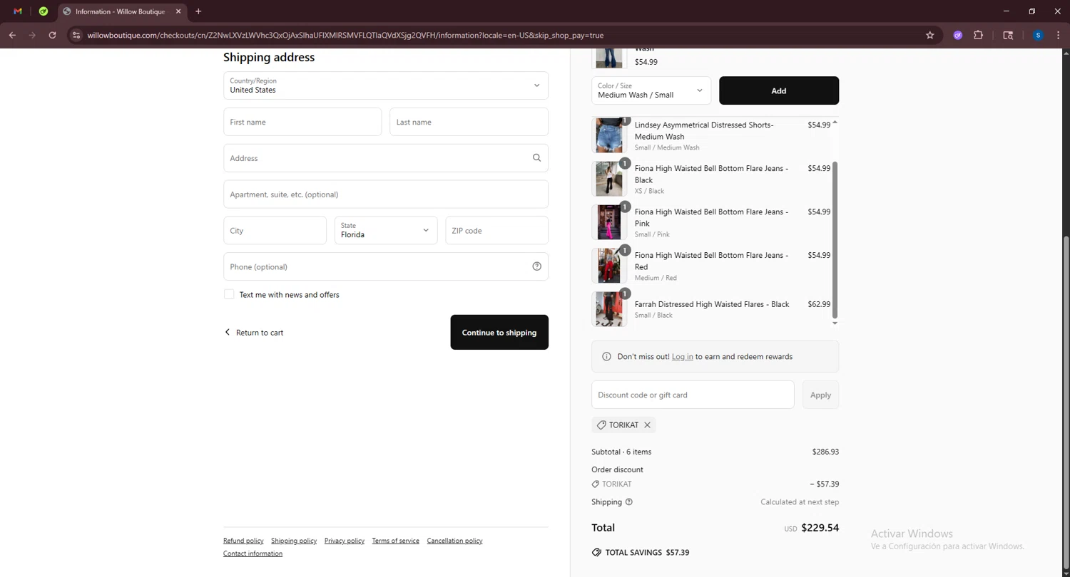 Willow Boutique coupon code screenshot showing code TORIKAT applied at Willow Boutique checkout page. Uploaded by SimplyCodes community member BrandoJose1 on Jun 17, 2025