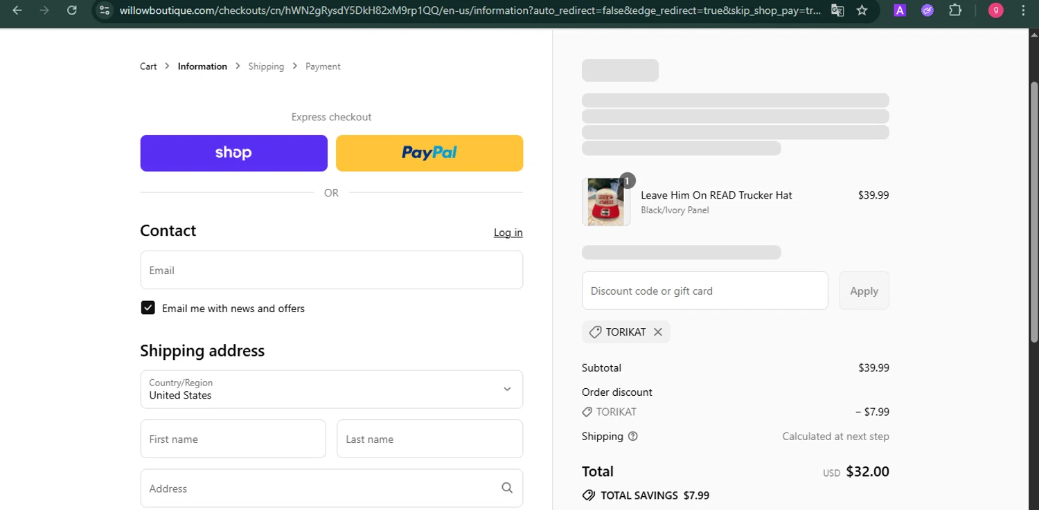 Willow Boutique coupon code screenshot showing code TORIKAT applied at Willow Boutique checkout page. Uploaded by SimplyCodes community member MoneyFalcon481 on Sep 7, 2025