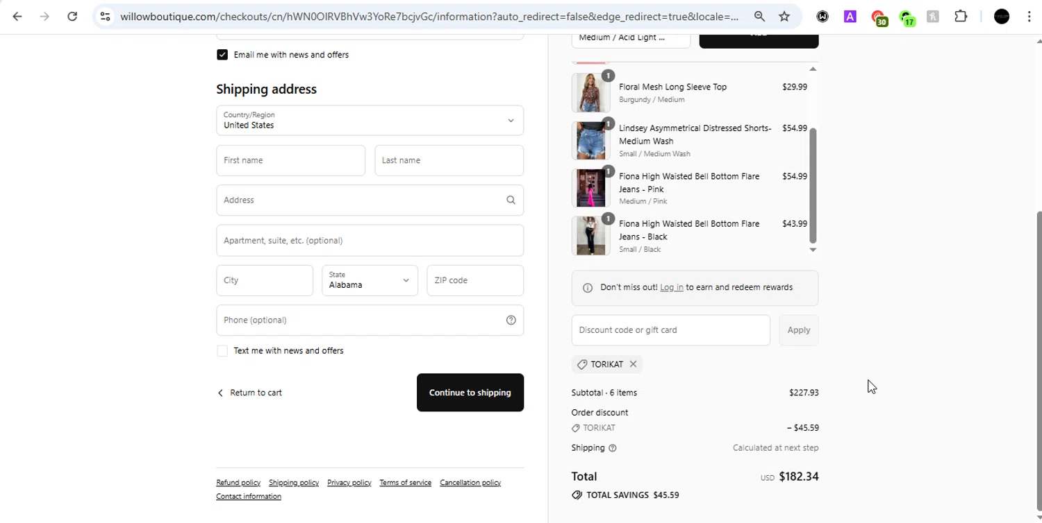Willow Boutique coupon code screenshot showing code TORIKAT applied at Willow Boutique checkout page. Uploaded by SimplyCodes community member PrincessCoupon on Jul 8, 2025
