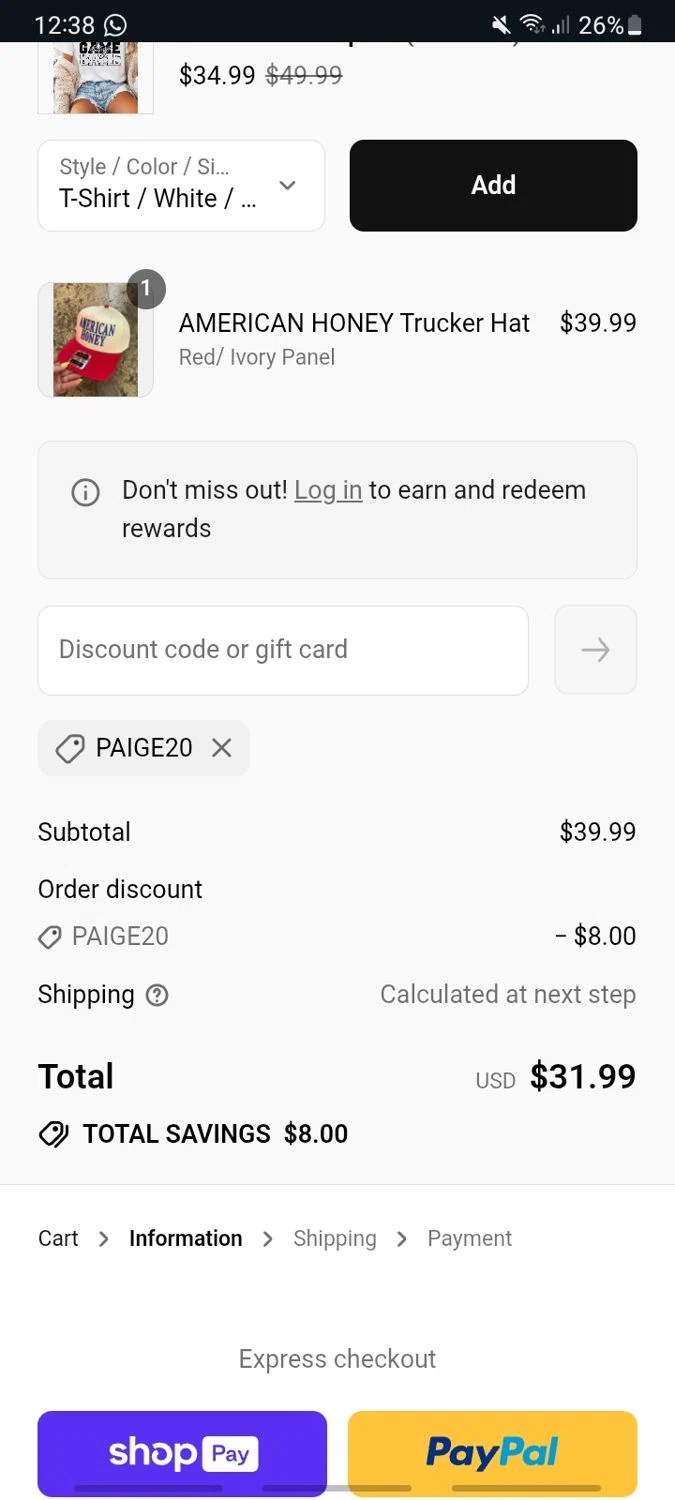 Willow Boutique coupon code screenshot showing code Paige20 applied at Willow Boutique checkout page. Uploaded by SimplyCodes community member Ric_alfon on Jul 2, 2025