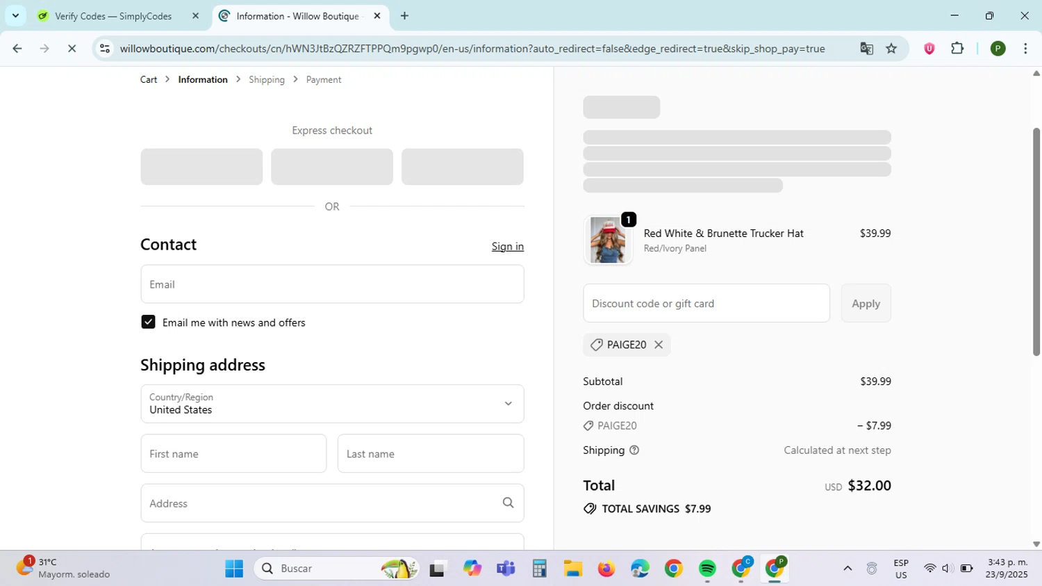 Willow Boutique coupon code screenshot showing code Paige20 applied at Willow Boutique checkout page. Uploaded by SimplyCodes community member ThriftySpotter5396 on Sep 23, 2025