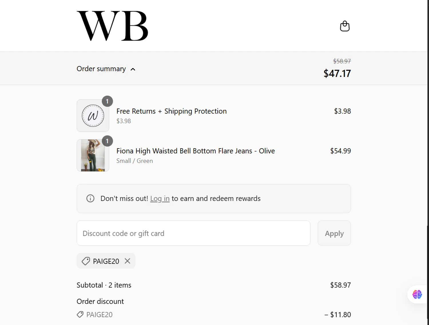 Willow Boutique coupon code screenshot showing code Paige20 applied at Willow Boutique checkout page. Uploaded by SimplyCodes community member TokenMonarch4470 on Jul 17, 2025