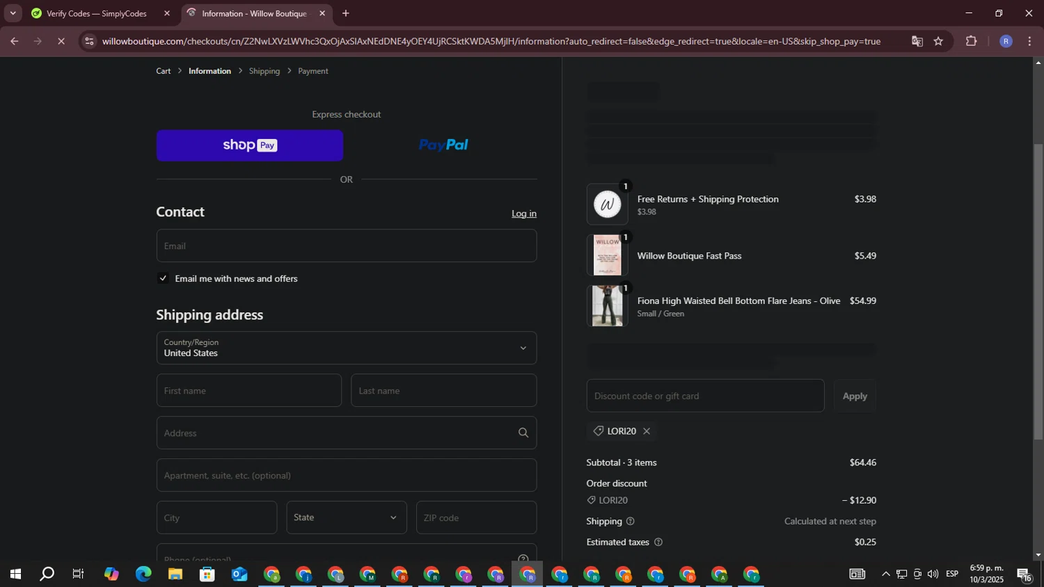 Willow Boutique coupon code screenshot showing code Lori20 applied at Willow Boutique checkout page. Uploaded by SimplyCodes community member ExtraordinarySaver3260 on Mar 10, 2025