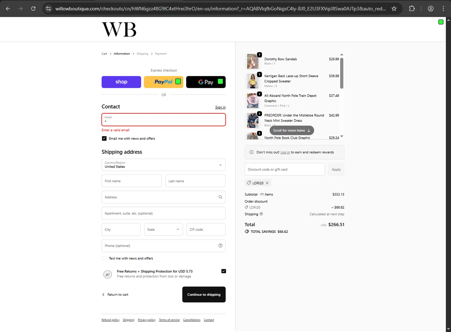 Willow Boutique coupon code screenshot showing code Lori20 applied at Willow Boutique checkout page. Uploaded by SimplyCodes community member jickselyspolanco on Dec 21, 2025