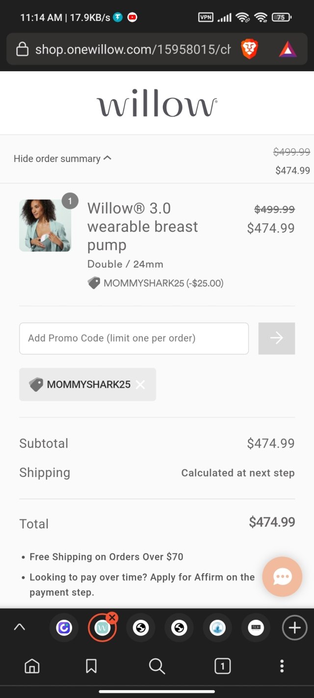 Willow Innovations checkout page showing Willow Innovations promo code box | Screenshot taken by SimplyCodes community member on Jun 16, 2022