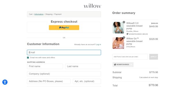 Willow Innovations checkout page showing Willow Innovations promo code box | Screenshot taken by SimplyCodes community member on Jun 2, 2022