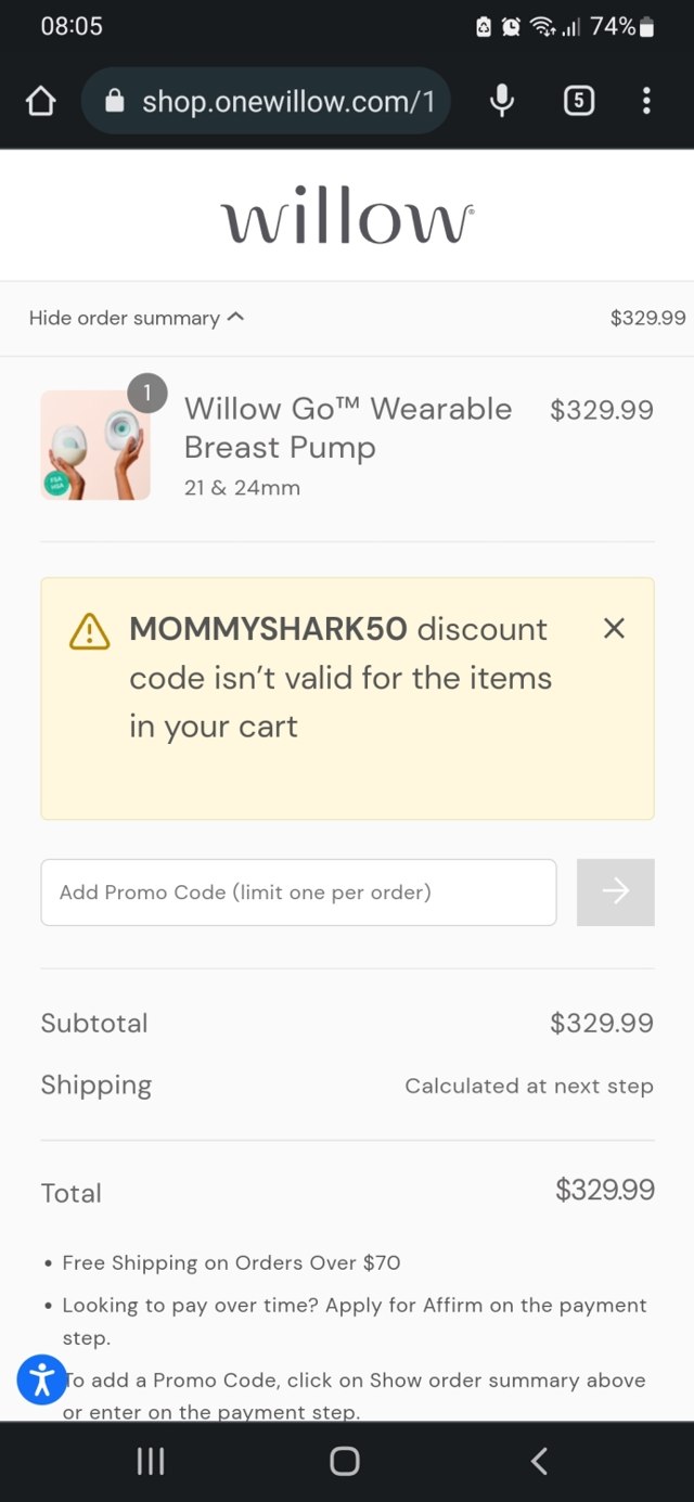 Willow Innovations checkout page showing Willow Innovations promo code box | Screenshot taken by SimplyCodes community member on Sep 6, 2022