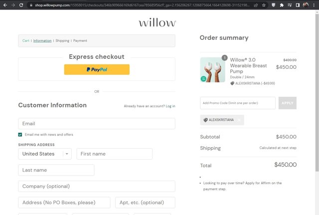 Willow Innovations checkout page showing Willow Innovations promo code box | Screenshot taken by SimplyCodes community member on Sep 25, 2022