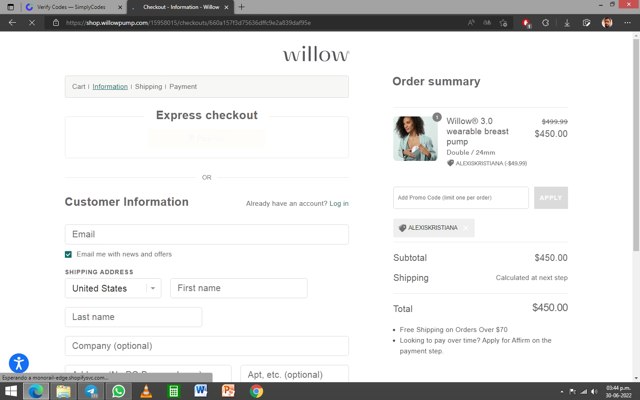 Willow Innovations checkout page showing Willow Innovations promo code box | Screenshot taken by SimplyCodes community member on Jun 30, 2022