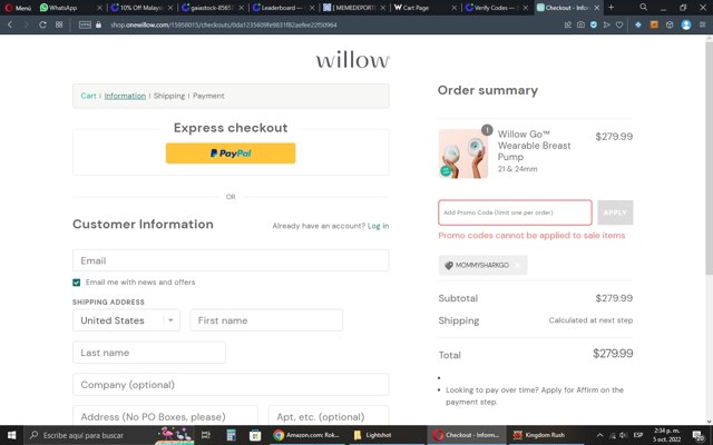 Willow Innovations checkout page showing Willow Innovations promo code box | Screenshot taken by SimplyCodes community member on Oct 5, 2022