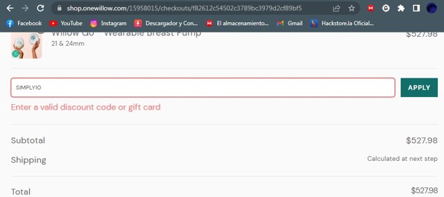 Willow Innovations checkout page showing Willow Innovations promo code box | Screenshot taken by SimplyCodes community member on Jan 2, 2023