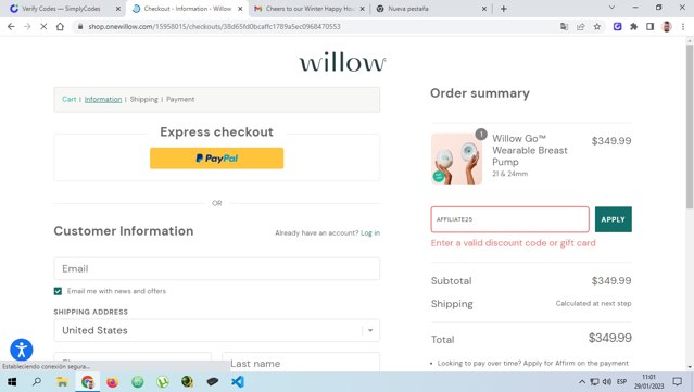 Willow Innovations checkout page showing Willow Innovations promo code box | Screenshot taken by SimplyCodes community member on Jan 29, 2023