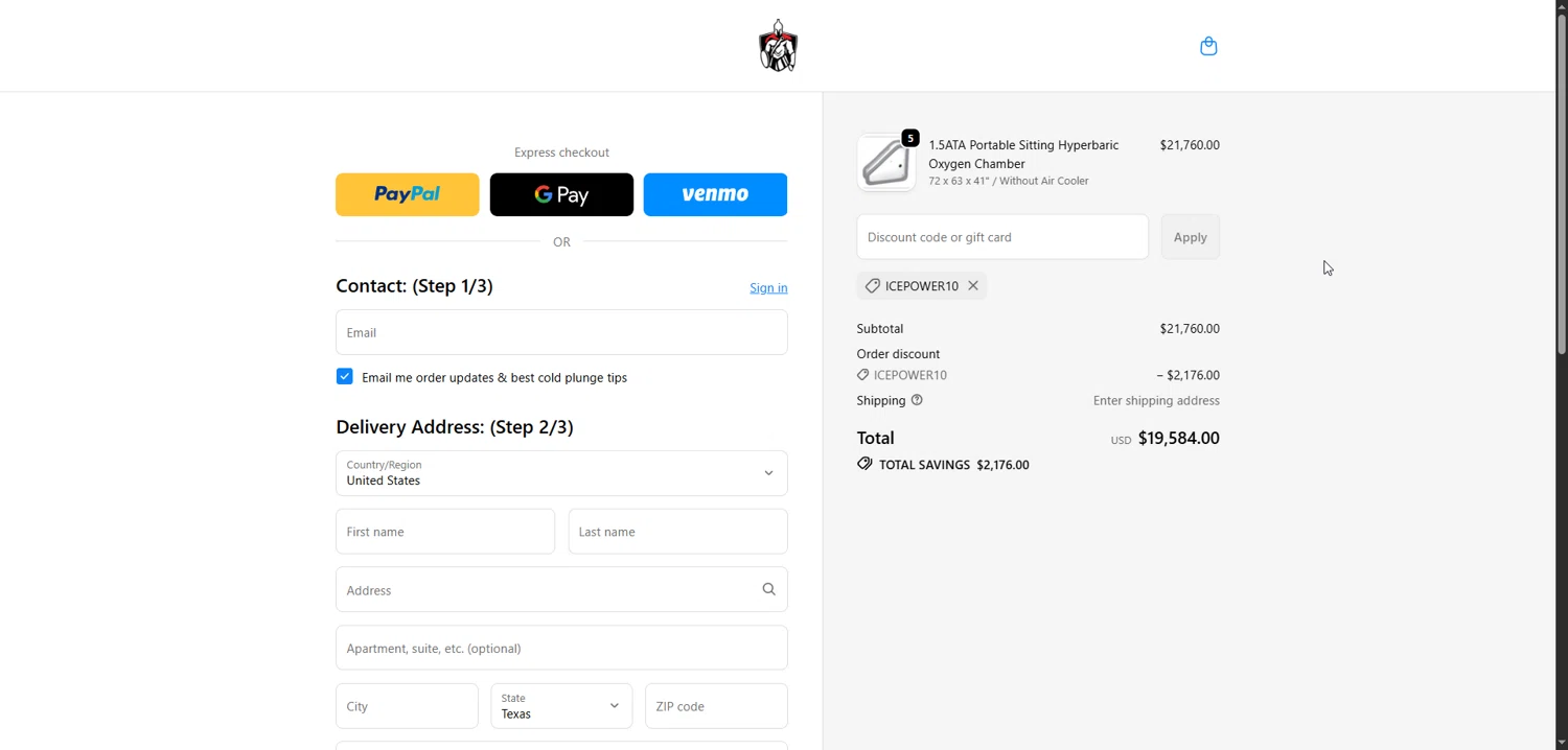 Warrior Willpower promo code screenshot showing code ICEPOWER10 applied at Warrior Willpower checkout page. Uploaded by SimplyCodes community member Enmanuel99 on Jan 4, 2026