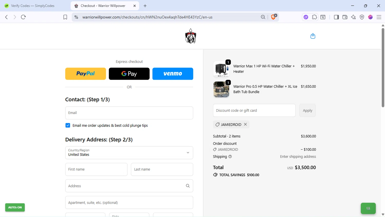 Warrior Willpower discount code screenshot showing code jamiedroid applied at Warrior Willpower checkout page. Uploaded by SimplyCodes community member PocoyoTraihard on Oct 8, 2025
