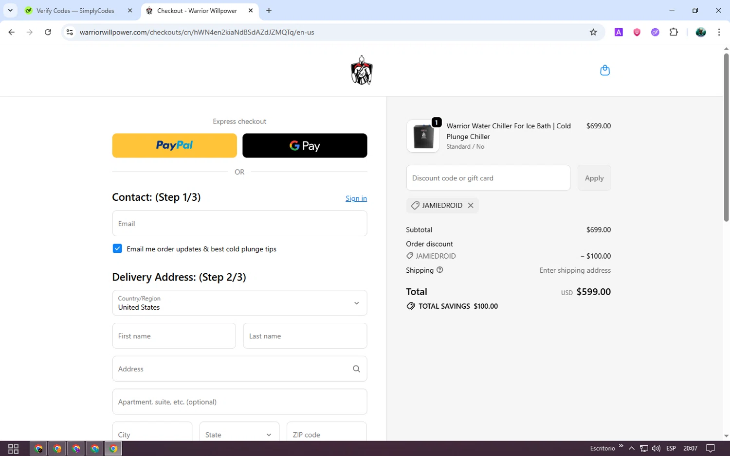 Warrior Willpower discount code screenshot showing code jamiedroid applied at Warrior Willpower checkout page. Uploaded by SimplyCodes community member neurioandrades on Oct 29, 2025