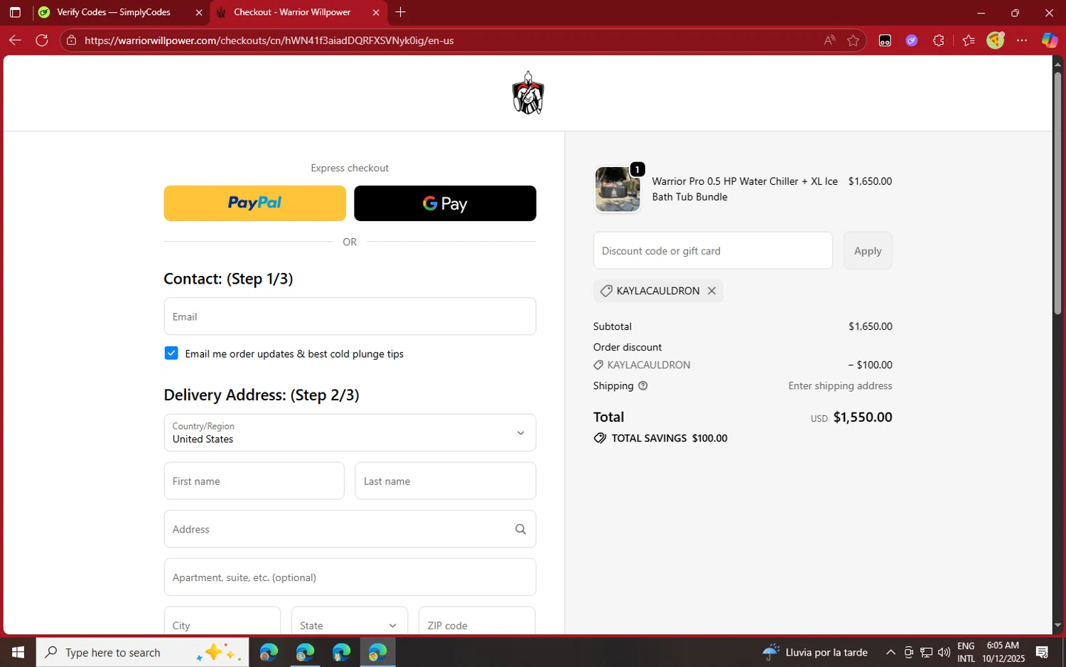 Warrior Willpower discount code screenshot showing code KAYLACAULDRON applied at Warrior Willpower checkout page. Uploaded by SimplyCodes community member jvllsk2 on Oct 12, 2025