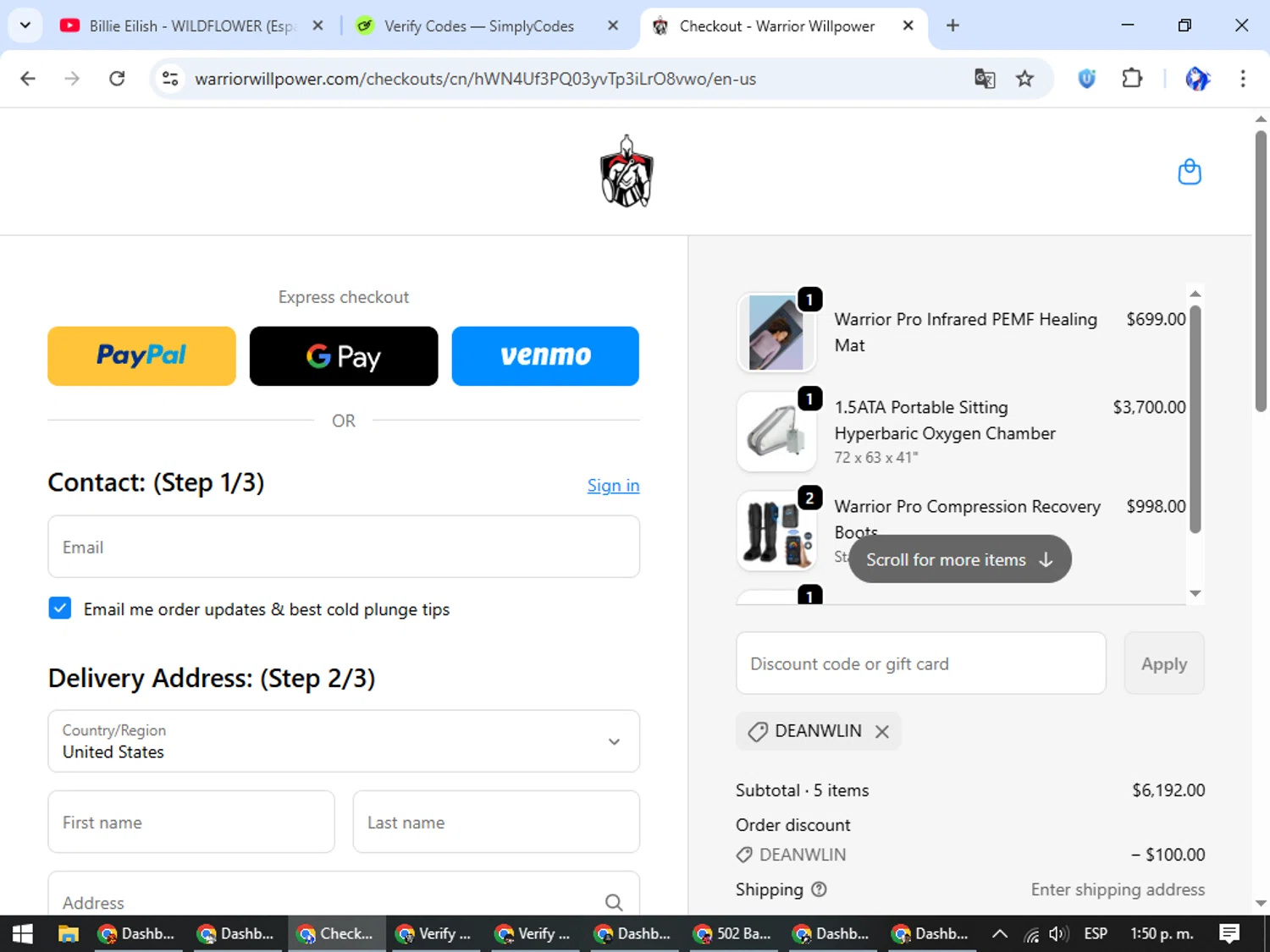Warrior Willpower discount code screenshot showing code DEANWLIN applied at Warrior Willpower checkout page. Uploaded by SimplyCodes community member WiseHunter8213 on Oct 24, 2025
