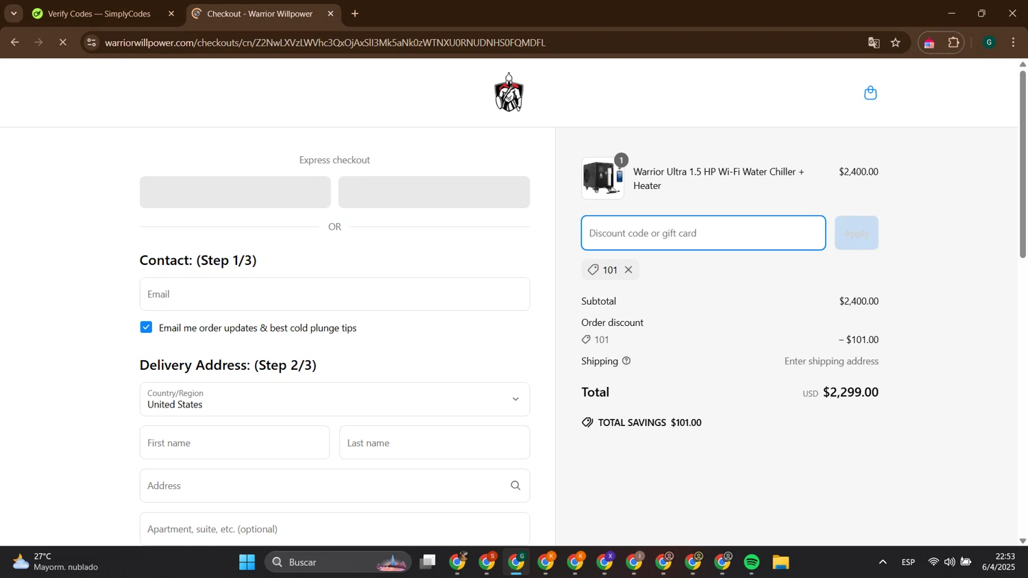 Warrior Willpower discount code screenshot showing code 101 applied at Warrior Willpower checkout page. Uploaded by SimplyCodes community member ThriftyTitan786 on Apr 7, 2025