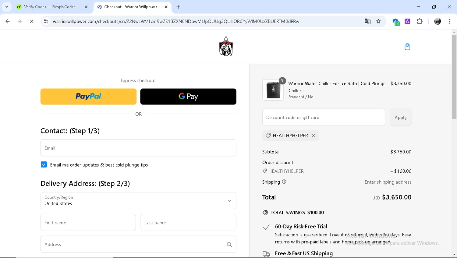 Warrior Willpower discount code screenshot showing code HEALTHYHELPER applied at Warrior Willpower checkout page. Uploaded by SimplyCodes community member Epa_yava on Mar 7, 2025