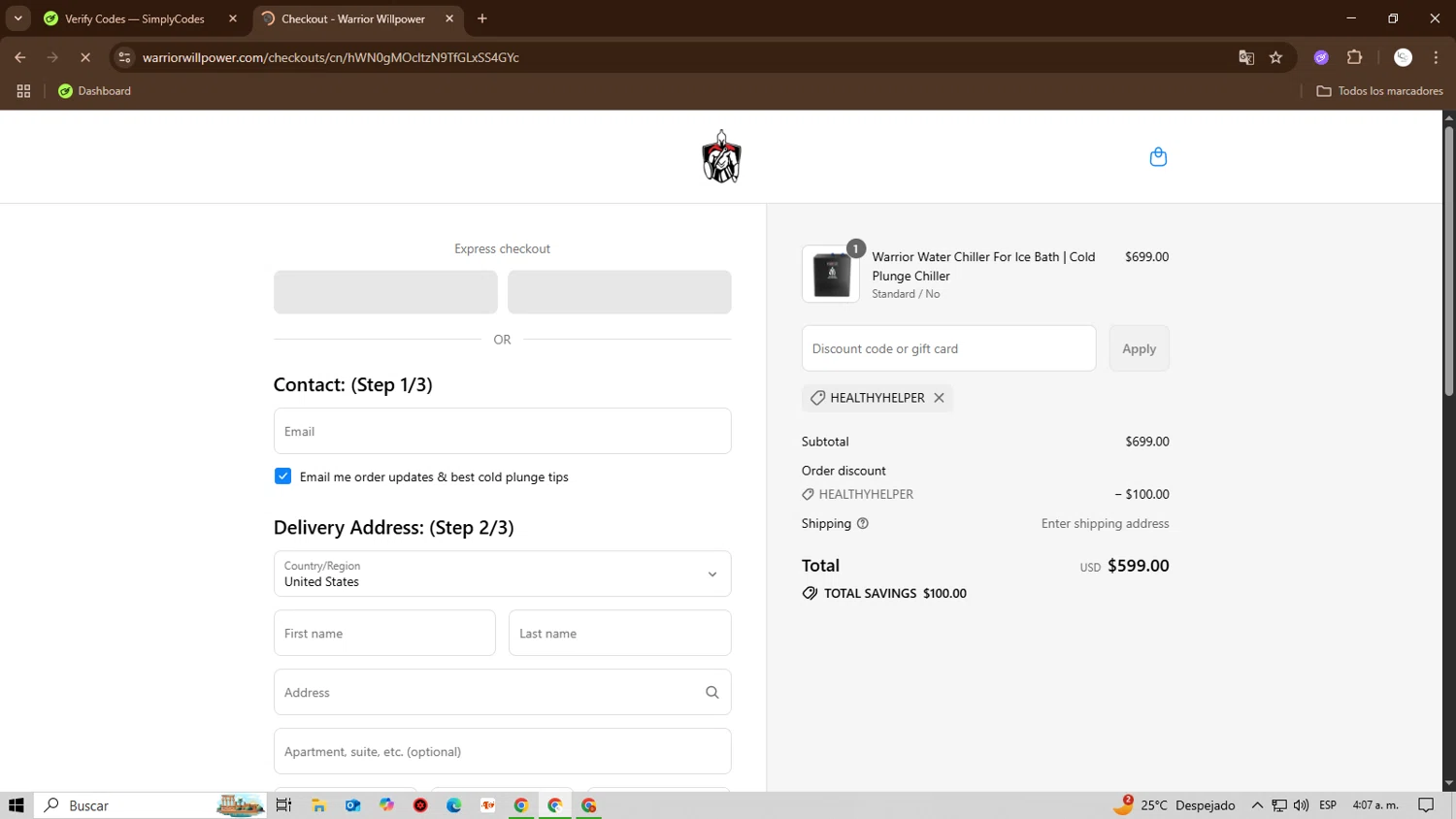 Warrior Willpower discount code screenshot showing code HEALTHYHELPER applied at Warrior Willpower checkout page. Uploaded by SimplyCodes community member ScanSage643 on Jul 16, 2025