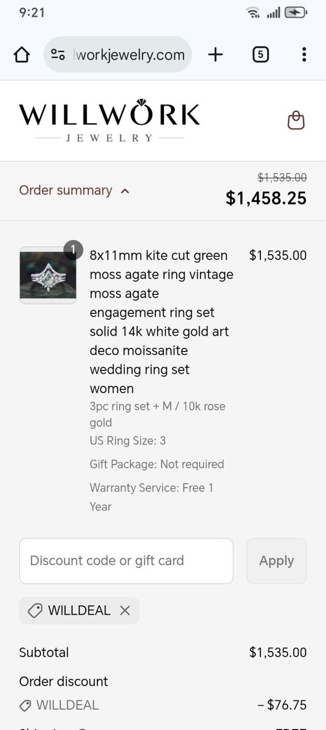 Willwork Jewelry checkout page showing Willwork Jewelry discount code box | Screenshot taken by SimplyCodes community member on Sep 2, 2025