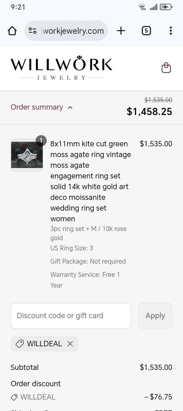 Willwork Jewelry checkout page showing Willwork Jewelry discount code box | Screenshot taken by SimplyCodes community member on Sep 2, 2025