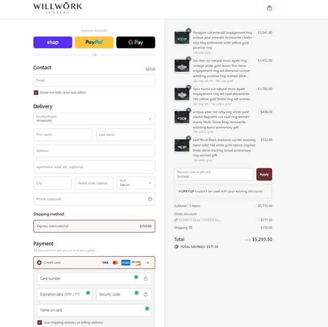 Willwork Jewelry checkout page showing Willwork Jewelry discount code box | Screenshot taken by SimplyCodes community member on Sep 4, 2025
