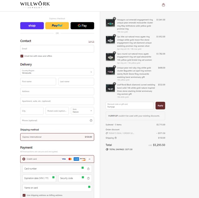 Willwork Jewelry checkout page showing Willwork Jewelry discount code box | Screenshot taken by SimplyCodes community member on Sep 4, 2025