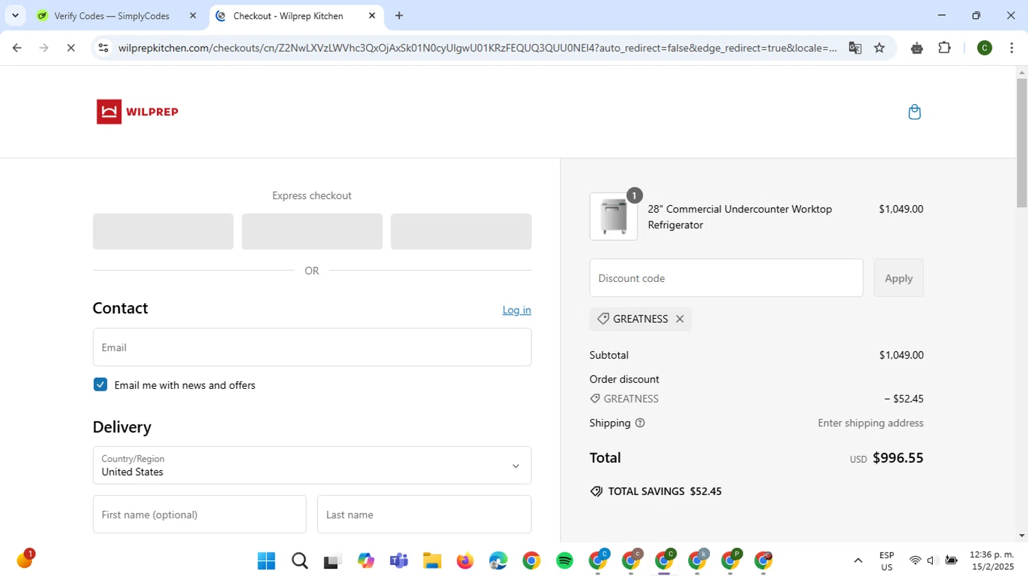 Wilprep promo code screenshot showing code Greatness applied at Wilprep checkout page. Uploaded by SimplyCodes community member VoucherBoss6971 on Feb 15, 2025