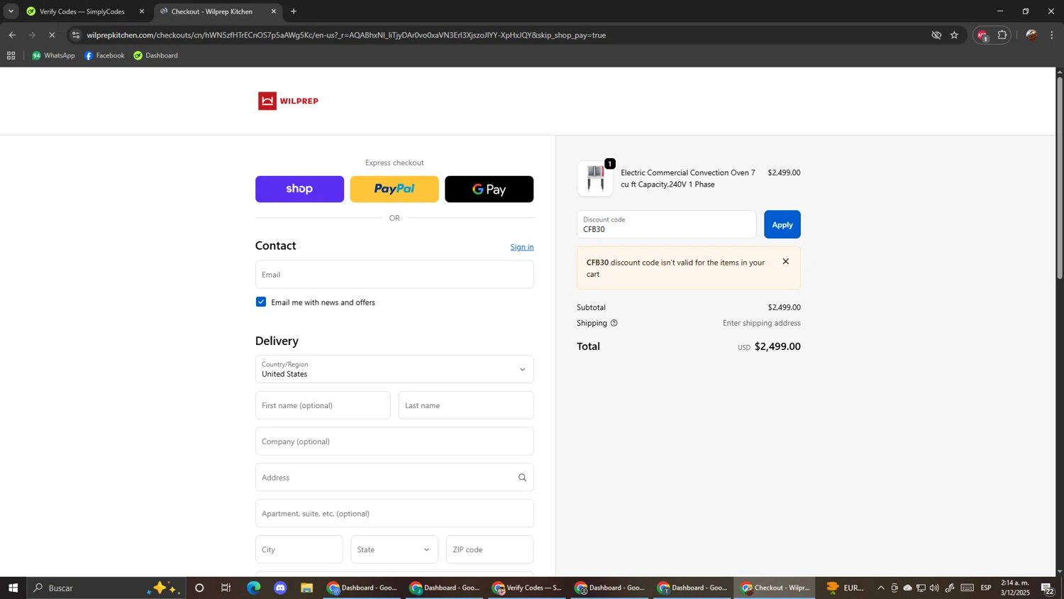 Wilprep promo code screenshot showing code CFB30 applied at Wilprep checkout page. Uploaded by SimplyCodes community member ScanShopper554 on Dec 3, 2025