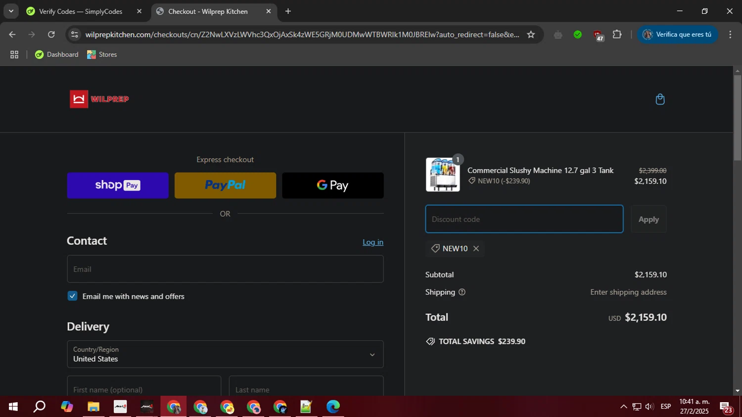 Wilprep promo code screenshot showing code NEW10 applied at Wilprep checkout page. Uploaded by SimplyCodes community member PrimeTiger1163 on Feb 27, 2025