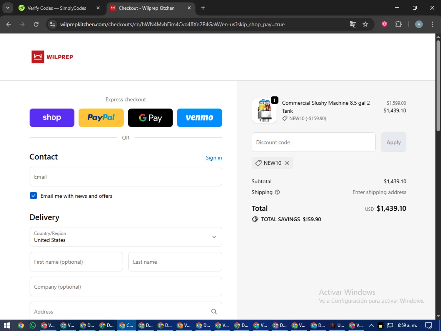Wilprep promo code screenshot showing code NEW10 applied at Wilprep checkout page. Uploaded by SimplyCodes community member trippieredd on Oct 21, 2025