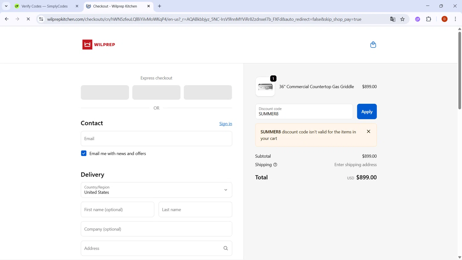Wilprep promo code screenshot showing code SUMMER8 applied at Wilprep checkout page. Uploaded by SimplyCodes community member RoyalSaver3150 on Dec 3, 2025