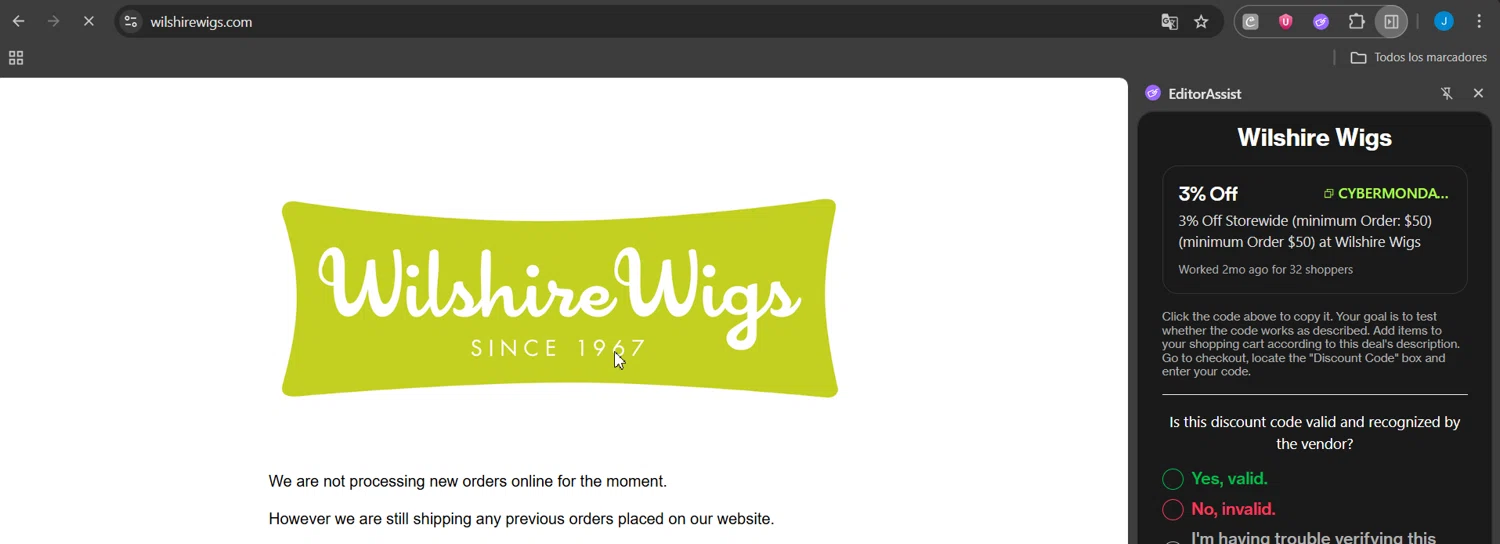 Wilshire Wigs coupon code screenshot showing code CYBERMONDAY19 applied at Wilshire Wigs checkout page. Uploaded by SimplyCodes community member Jeanjc on Oct 18, 2025