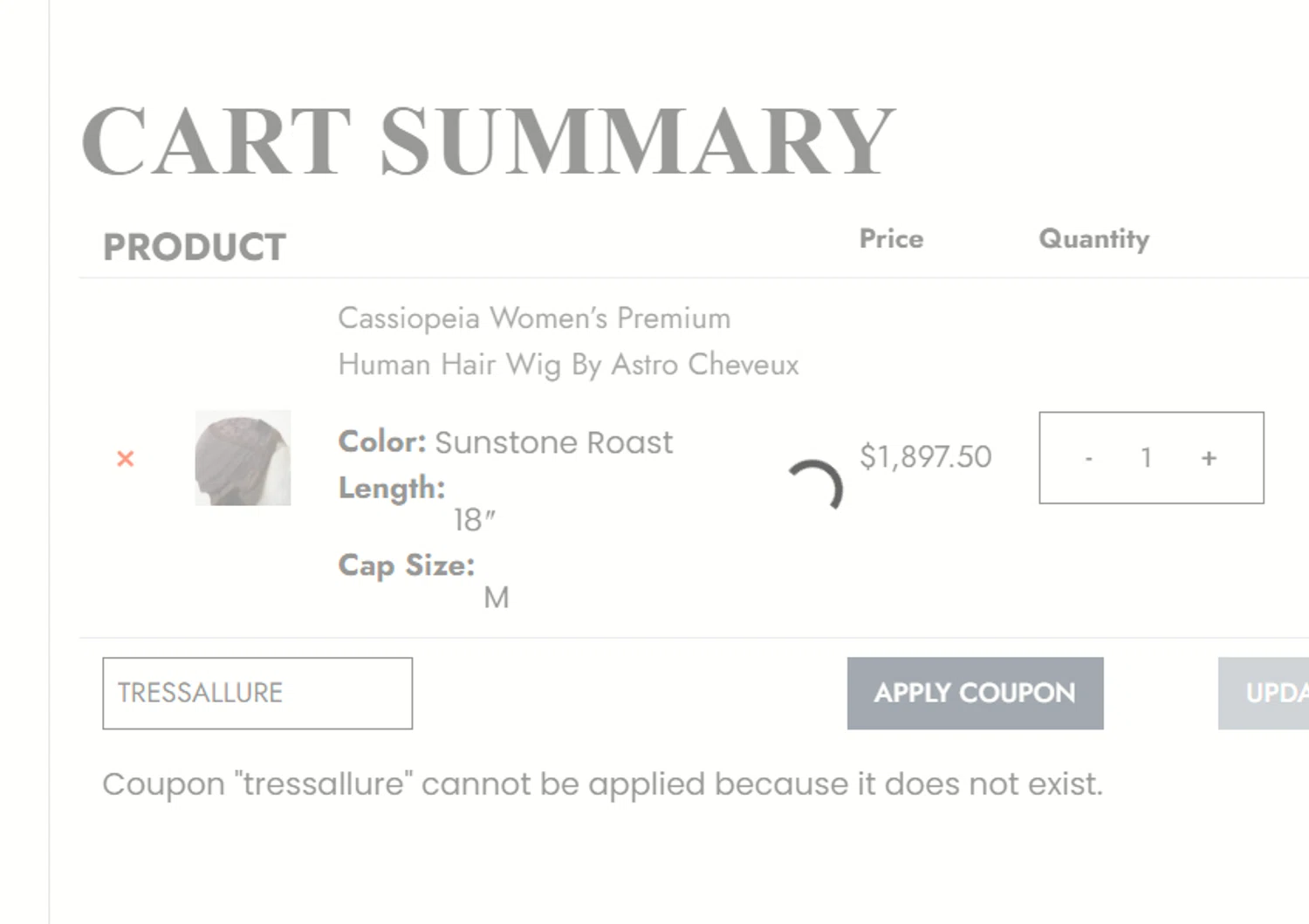 Wilshire Wigs coupon code screenshot showing code TRESSALLURE applied at Wilshire Wigs checkout page. Uploaded by SimplyCodes community member Sova_Valorant on Oct 18, 2025