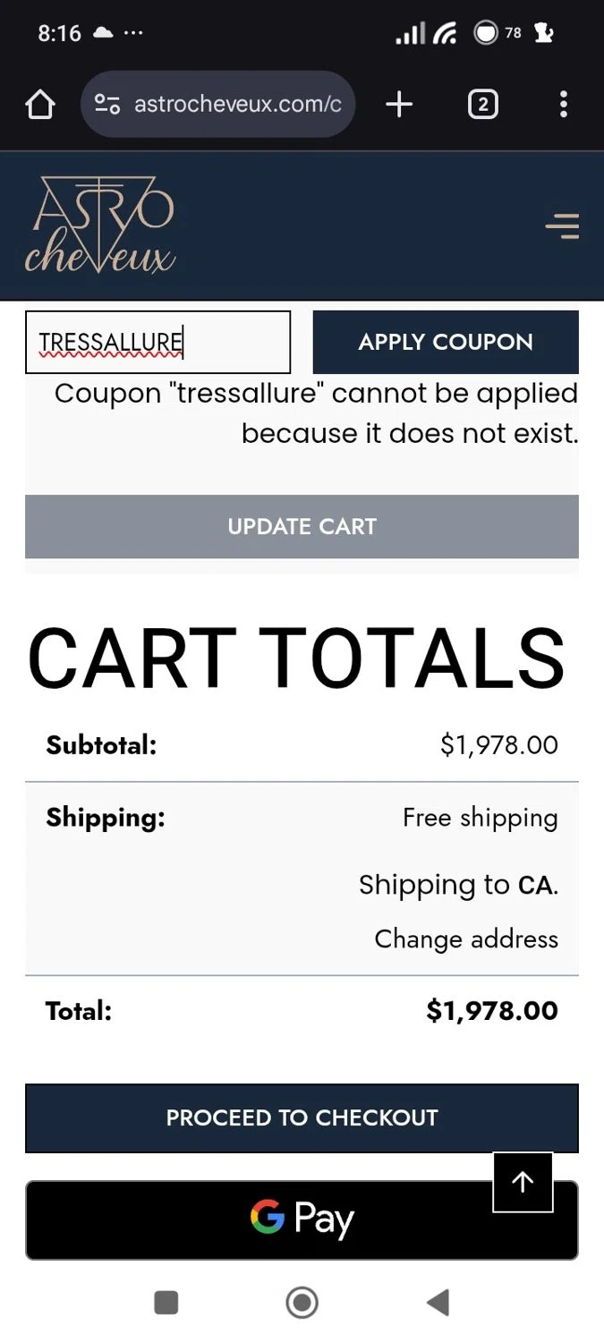 Wilshire Wigs coupon code screenshot showing code TRESSALLURE applied at Wilshire Wigs checkout page. Uploaded by SimplyCodes community member Original01 on Oct 18, 2025
