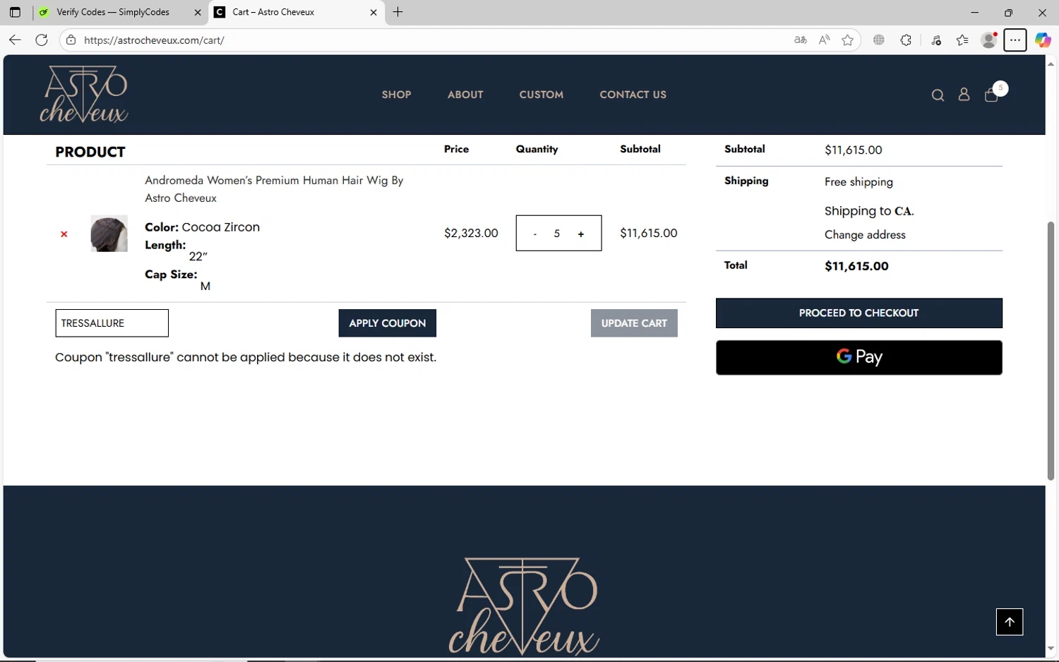 Wilshire Wigs coupon code screenshot showing code TRESSALLURE applied at Wilshire Wigs checkout page. Uploaded by SimplyCodes community member jechtff10 on Oct 18, 2025
