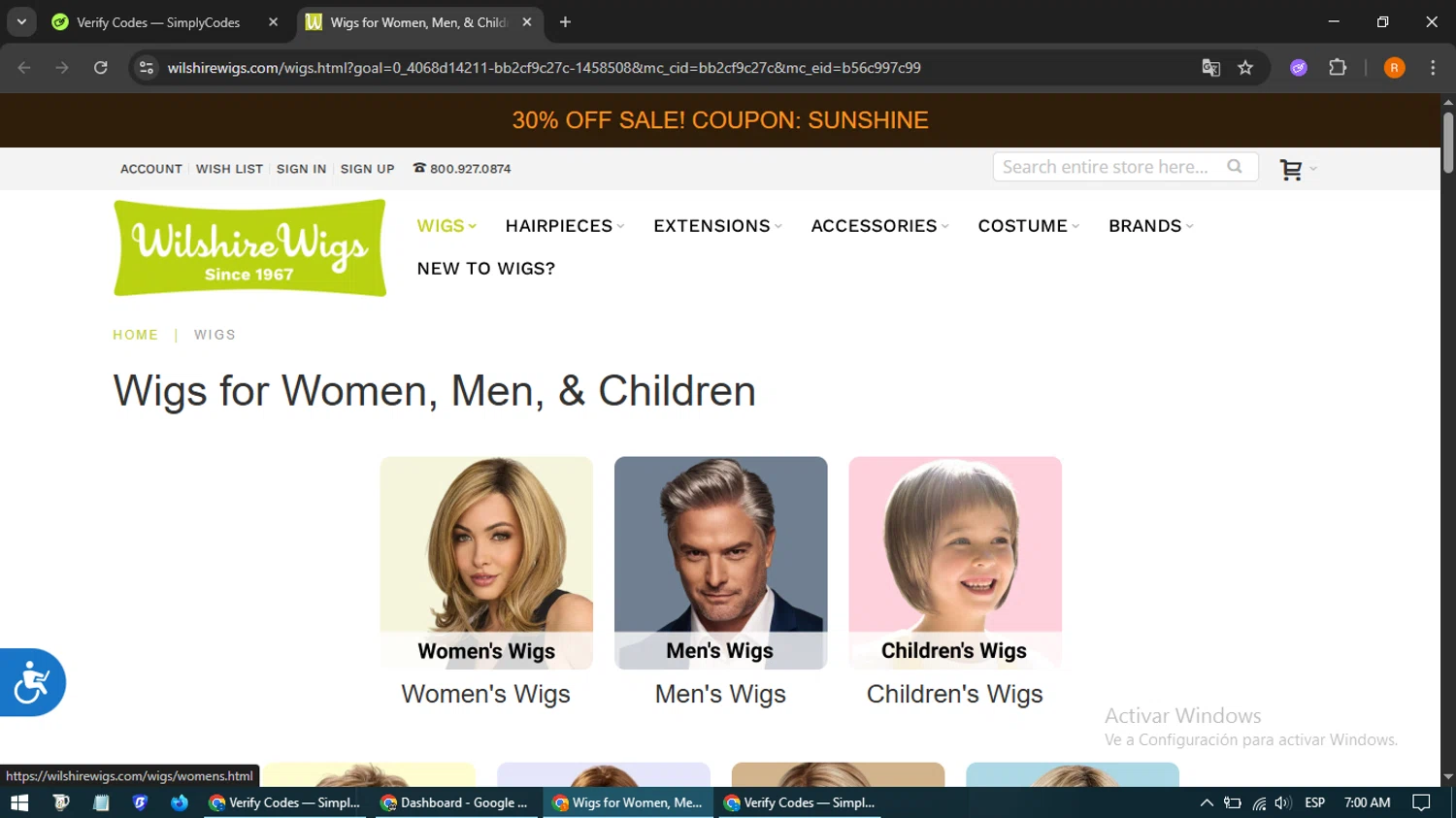 Wilshire Wigs coupon code screenshot showing code SUNSHINE applied at Wilshire Wigs checkout page. Uploaded by SimplyCodes community member BargainLegend6478 on Jun 26, 2025