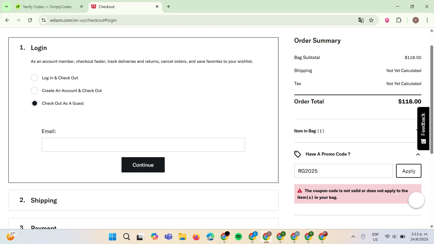 Wilson promo code screenshot showing code RG2025 applied at Wilson checkout page. Uploaded by SimplyCodes community member NobleExpert6497 on Jun 24, 2025
